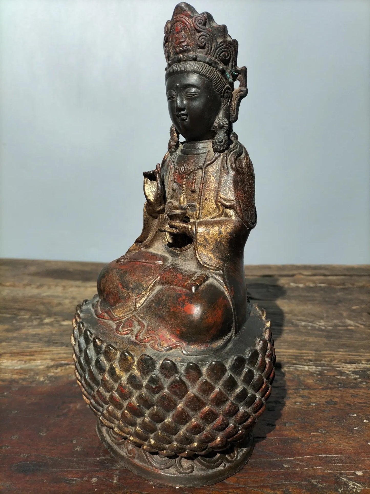 11" Tibetan Temple Collection old Bronze Cinnabar mud gold Northern Wei Buddha Guanyin Bodhisattva lotus platform worship buddha