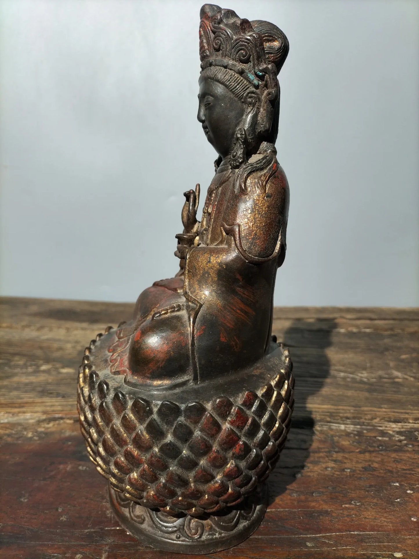 11" Tibetan Temple Collection old Bronze Cinnabar mud gold Northern Wei Buddha Guanyin Bodhisattva lotus platform worship buddha