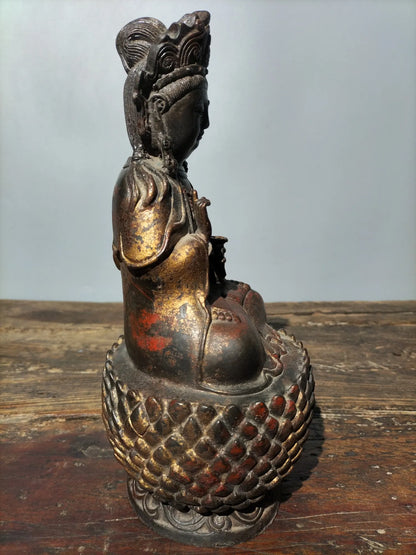 11" Tibetan Temple Collection old Bronze Cinnabar mud gold Northern Wei Buddha Guanyin Bodhisattva lotus platform worship buddha