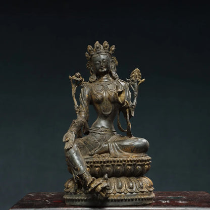 11"Tibetan Temple CollectionOld Bronze Cinnabar Mud gold White Tara Double Lotus Platform  Buddha Worship Hall Town house