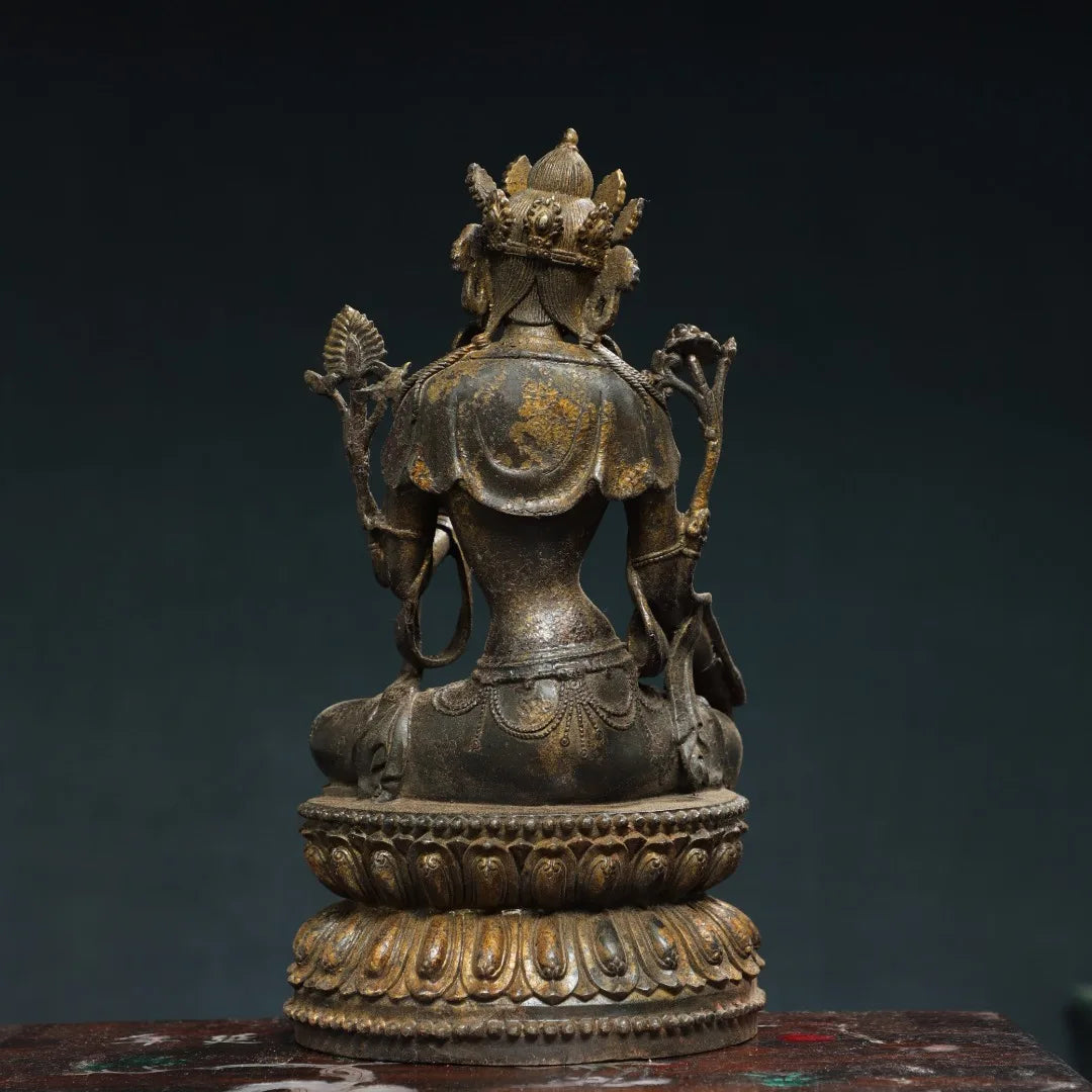 11"Tibetan Temple CollectionOld Bronze Cinnabar Mud gold White Tara Double Lotus Platform  Buddha Worship Hall Town house