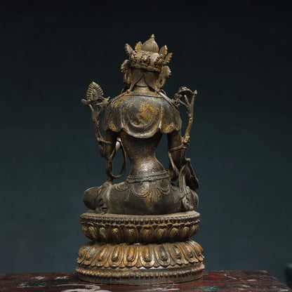 11"Tibetan Temple CollectionOld Bronze Cinnabar Mud gold White Tara Double Lotus Platform  Buddha Worship Hall Town house