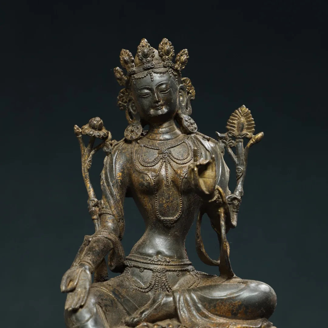 11"Tibetan Temple CollectionOld Bronze Cinnabar Mud gold White Tara Double Lotus Platform  Buddha Worship Hall Town house
