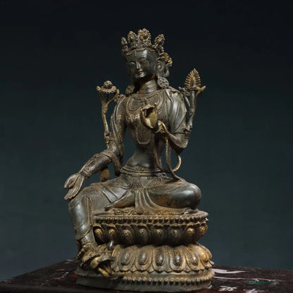 11"Tibetan Temple CollectionOld Bronze Cinnabar Mud gold White Tara Double Lotus Platform  Buddha Worship Hall Town house