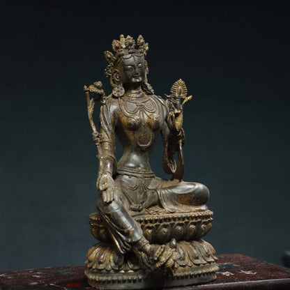 11"Tibetan Temple CollectionOld Bronze Cinnabar Mud gold White Tara Double Lotus Platform  Buddha Worship Hall Town house