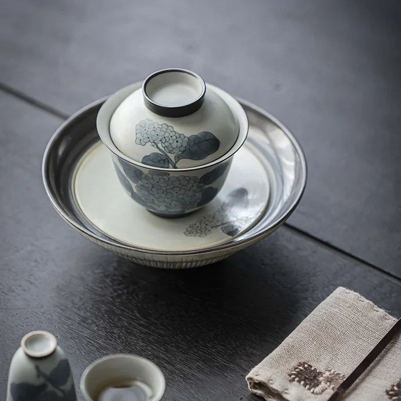 110ml Antique Hand-painted Hydrangea Ceramic Tea Tureen Literati Tea Maker Cover Bowl with Lid Chinese Gaiwan Kung Fu Tea Set