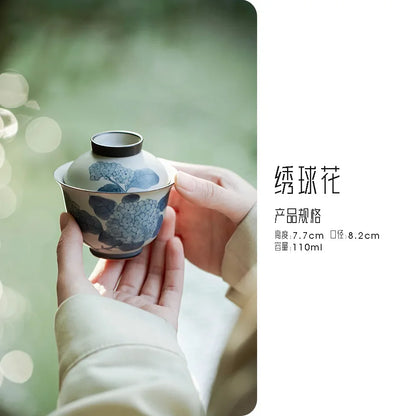 110ml Antique Hand-painted Hydrangea Ceramic Tea Tureen Literati Tea Maker Cover Bowl with Lid Chinese Gaiwan Kung Fu Tea Set