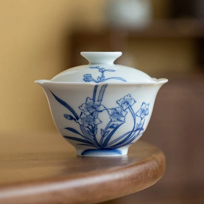 110ml Hand-painted Orchid Gaiwan Creative Blue and White Porcelain Bowls Tea Tureen Household Tea Making Cover Bowl Drinkware