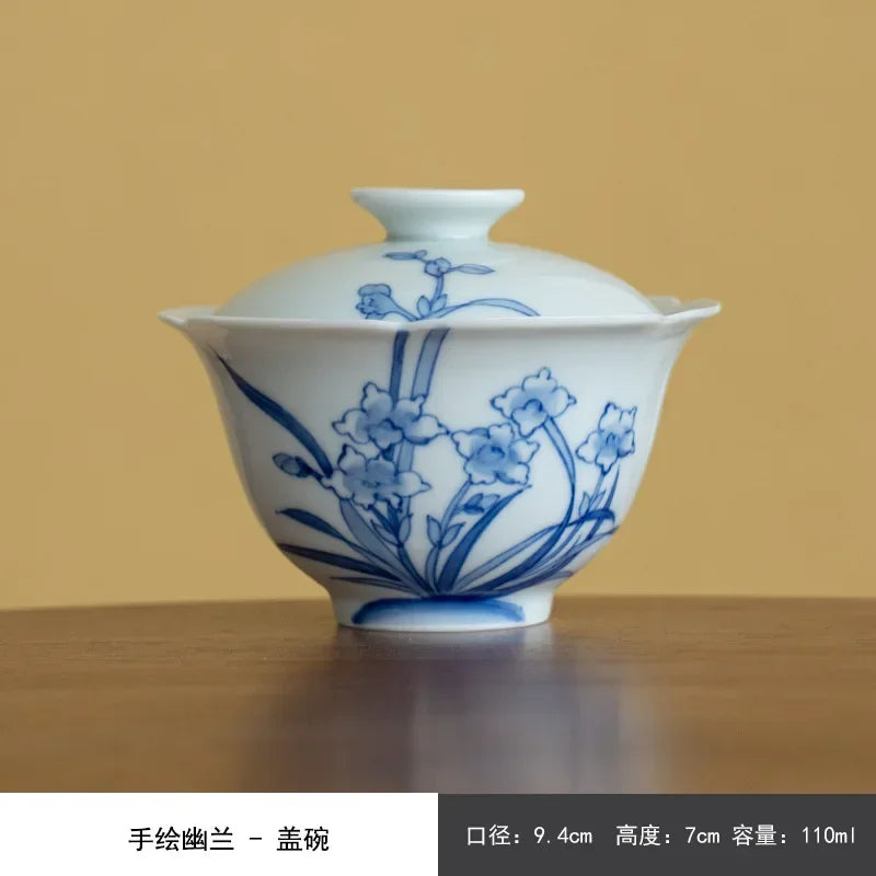 110ml Hand-painted Orchid Gaiwan Creative Blue and White Porcelain Bowls Tea Tureen Household Tea Making Cover Bowl Drinkware