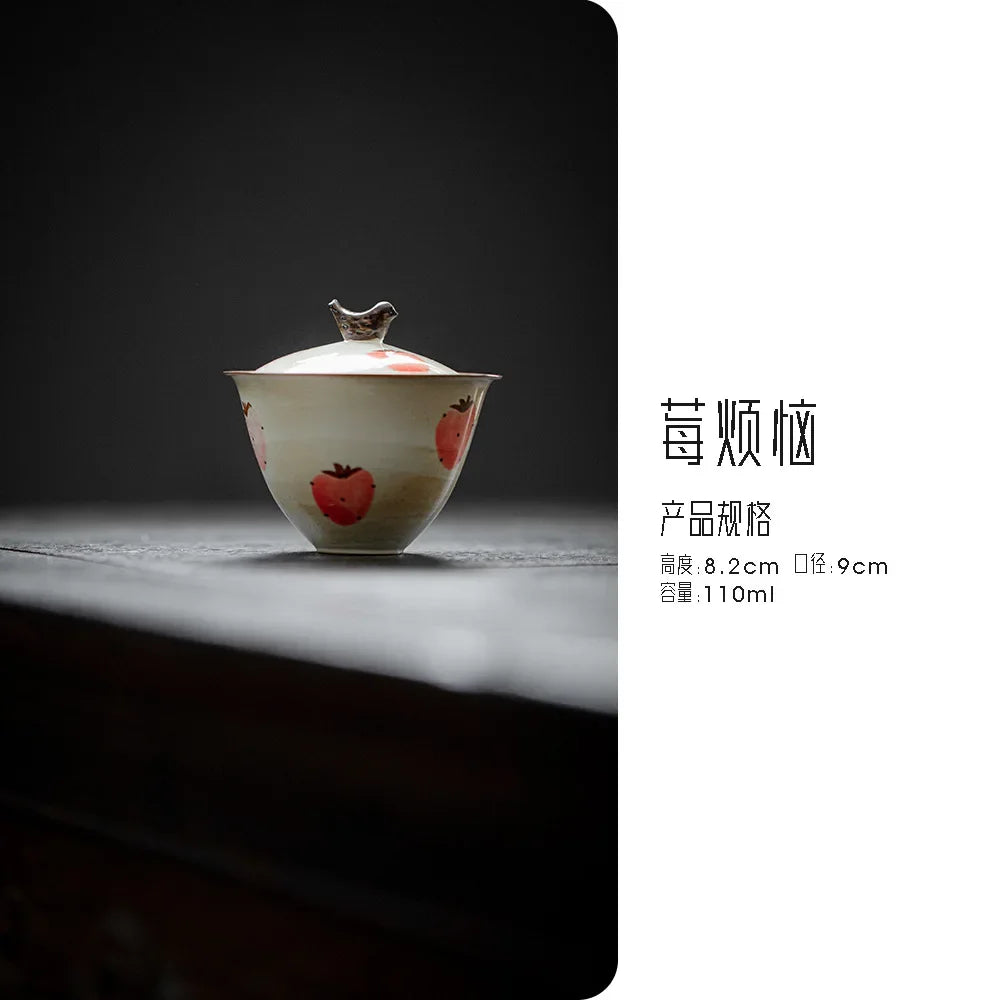 110ml Japanese Powder Primer Ceramic Tea Tureen Hand-painted Strawberry Cover Bowl with Lid Tea Bowl with Cover Kung Fu Tea Set
