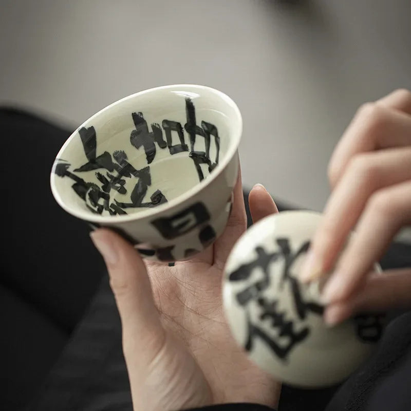 110ml Retro Plant Gray Ceramic Tea Tureen Handwritten Art Gourd Cover Bowl Tea Bowl with Cover Tea Maker Gaiwan Kung Fu Tea Set