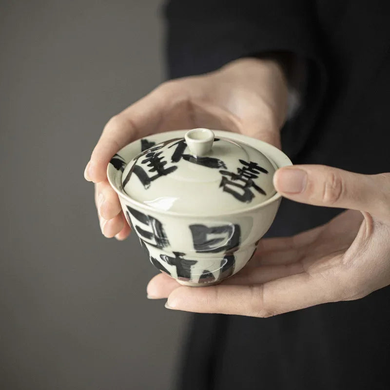 110ml Retro Plant Gray Ceramic Tea Tureen Handwritten Art Gourd Cover Bowl Tea Bowl with Cover Tea Maker Gaiwan Kung Fu Tea Set
