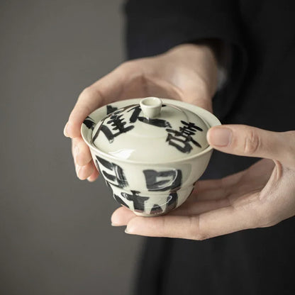 110ml Retro Plant Gray Ceramic Tea Tureen Handwritten Art Gourd Cover Bowl Tea Bowl with Cover Tea Maker Gaiwan Kung Fu Tea Set