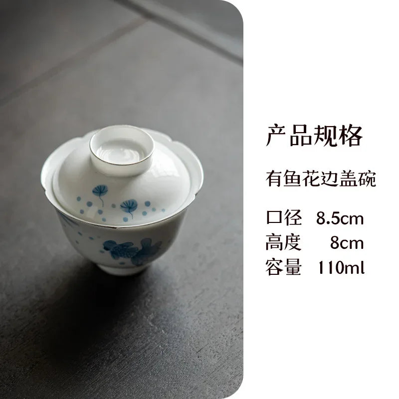 110ml White Porcelain Flower Mouth Covered Bowls Creative Fish Play Tea Bowl with Lid Literati Tea Making Gaiwan Kung Fu Teaware