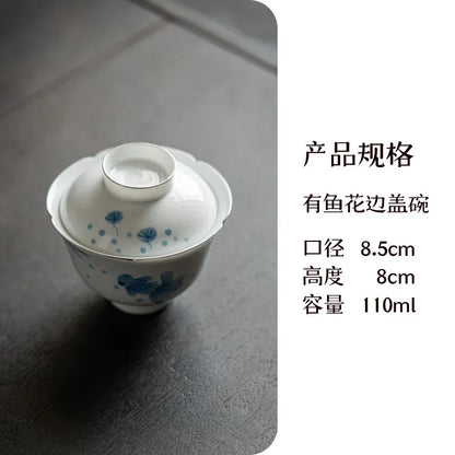 110ml White Porcelain Flower Mouth Covered Bowls Creative Fish Play Tea Bowl with Lid Literati Tea Making Gaiwan Kung Fu Teaware