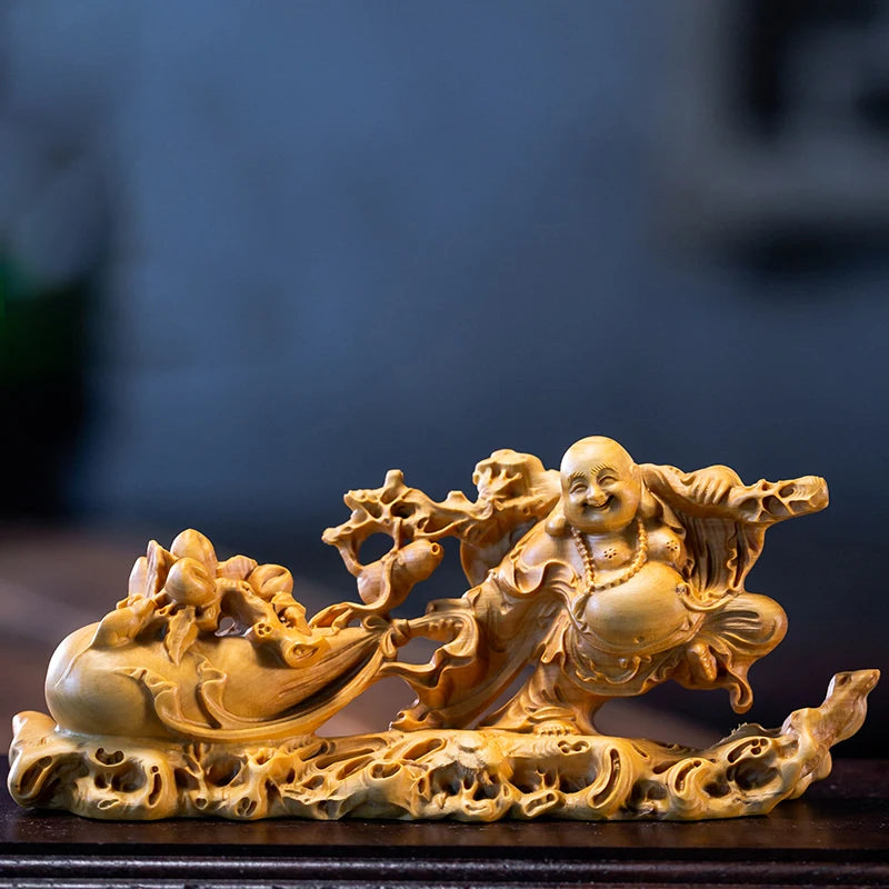 12/14/18/20CM Fu Bag Laugh Maitreya Small Wood Statue Collection Ornaments Gifts Buddha Laughing Buddha Statue Home Decoration
