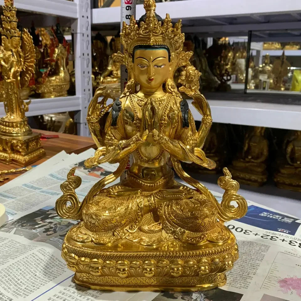 12"/30cm Genuine Bronze Gilt Chenrezig Guanyin 4 arms armed Kwan-yin Statues