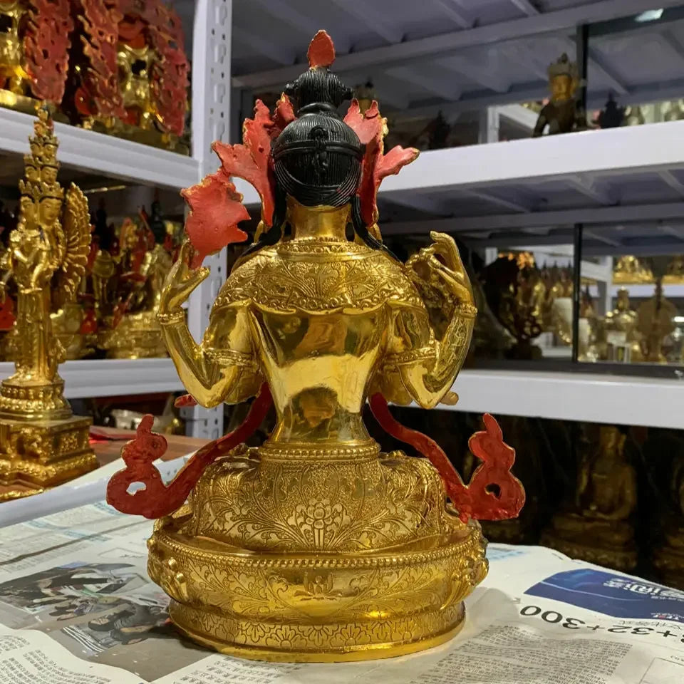 12"/30cm Genuine Bronze Gilt Chenrezig Guanyin 4 arms armed Kwan-yin Statues