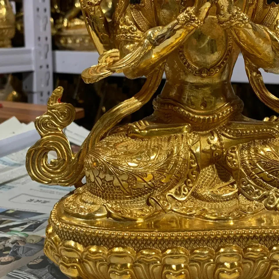 12"/30cm Genuine Bronze Gilt Chenrezig Guanyin 4 arms armed Kwan-yin Statues