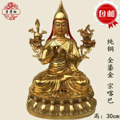 12"/30cm Handpainted gilt bronze statue Buddha Divinity Rinpoche Tsongkhapa