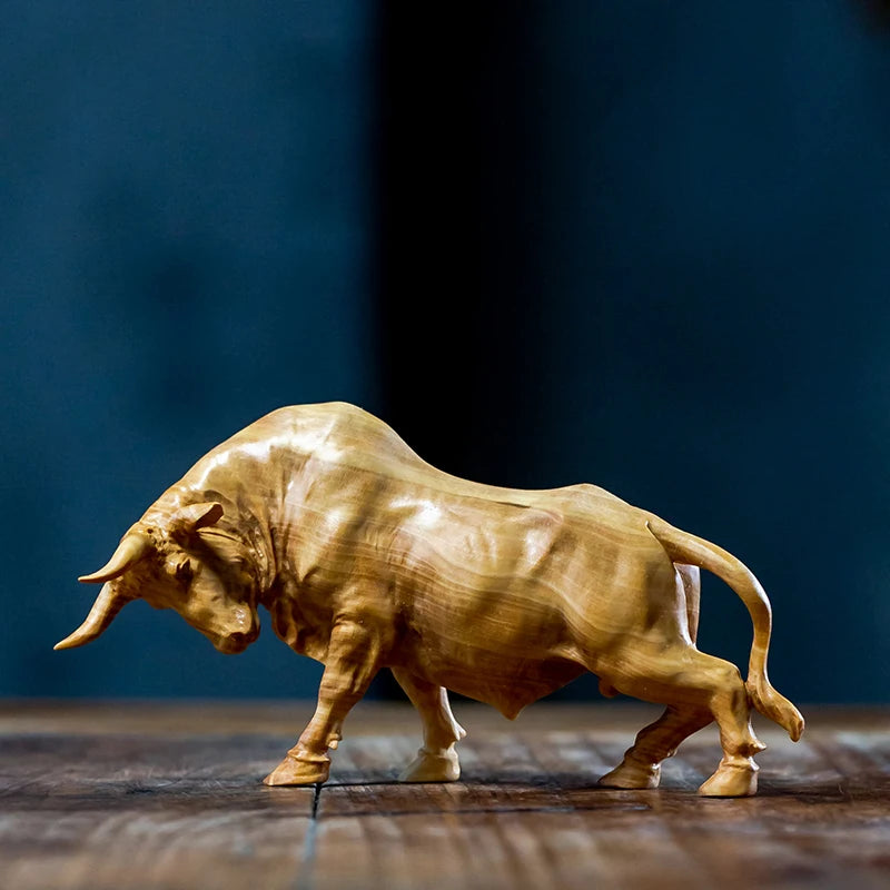 12.5/23cm Bull Figurines Desktop Zodiac Solid Wood Large Cattle Bull Chinese Hand Carved New Year Gift Boat Decors Room Carving