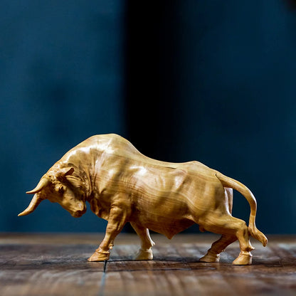 12.5/23cm Bull Figurines Desktop Zodiac Solid Wood Large Cattle Bull Chinese Hand Carved New Year Gift Boat Decors Room Carving