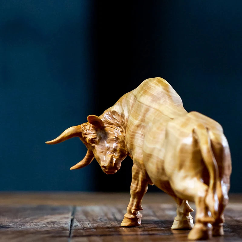 12.5/23cm Bull Figurines Desktop Zodiac Solid Wood Large Cattle Bull Chinese Hand Carved New Year Gift Boat Decors Room Carving