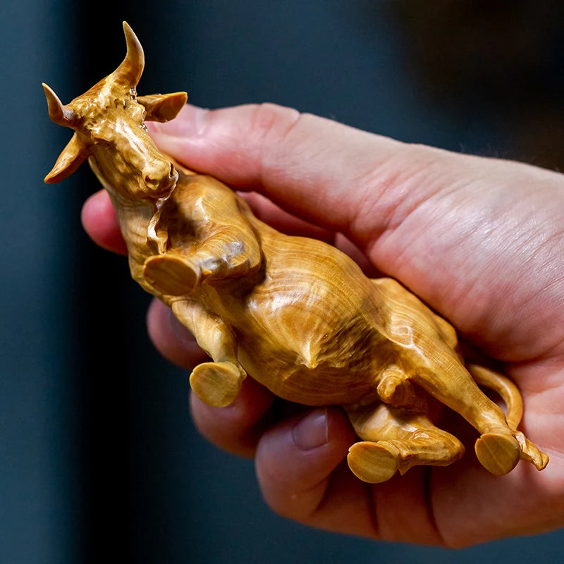 12.5/23cm Bull Figurines Desktop Zodiac Solid Wood Large Cattle Bull Chinese Hand Carved New Year Gift Boat Decors Room Carving
