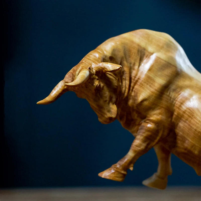 12.5/23cm Bull Figurines Desktop Zodiac Solid Wood Large Cattle Bull Chinese Hand Carved New Year Gift Boat Decors Room Carving
