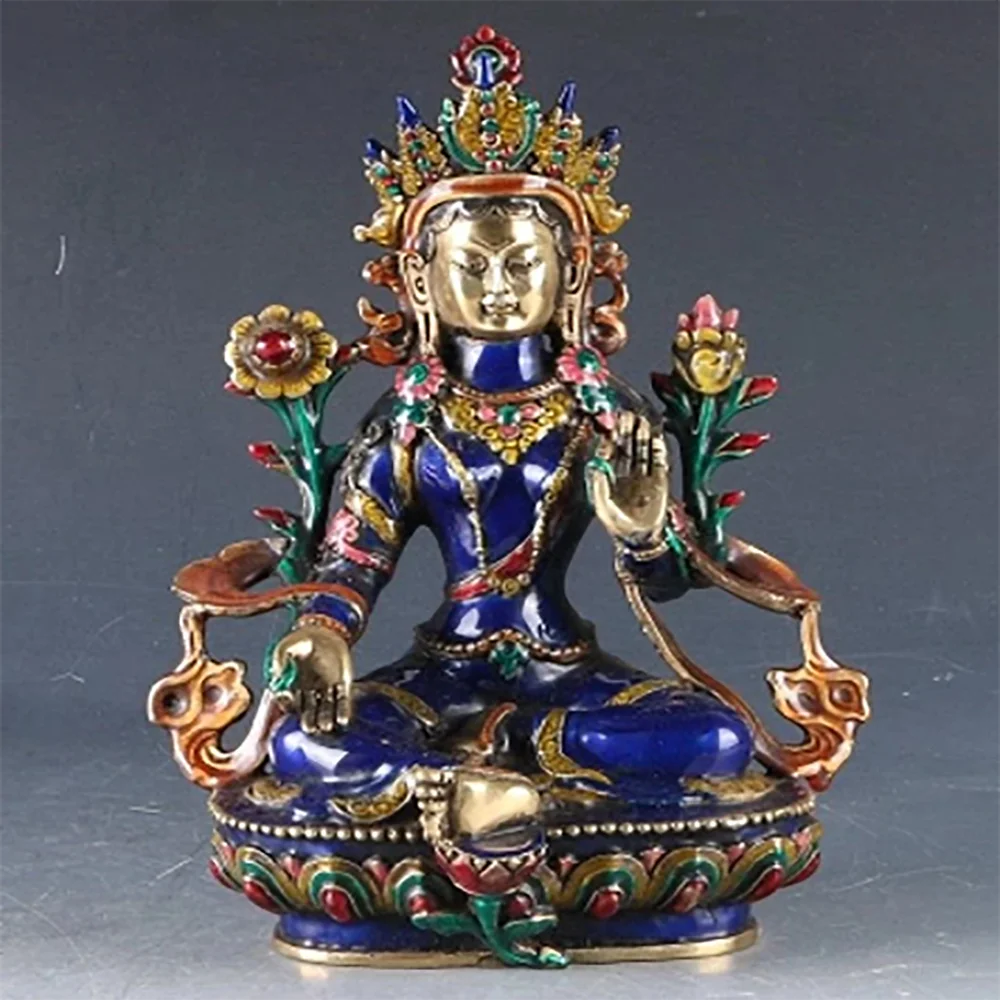 12'' China Tibet Bronze Cloisonne Handwork Carved Bodhisattva Tara Buddha Statue metal handicraft home decoration