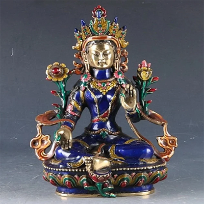 12'' China Tibet Bronze Cloisonne Handwork Carved Bodhisattva Tara Buddha Statue metal handicraft home decoration