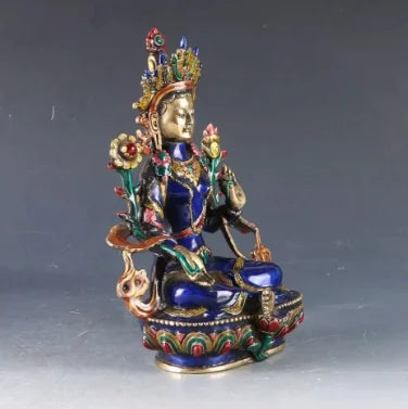 12'' China Tibet Bronze Cloisonne Handwork Carved Bodhisattva Tara Buddha Statue metal handicraft home decoration
