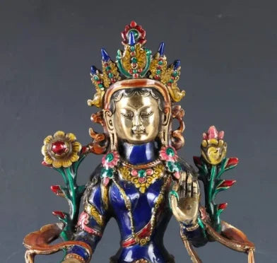 12'' China Tibet Bronze Cloisonne Handwork Carved Bodhisattva Tara Buddha Statue metal handicraft home decoration