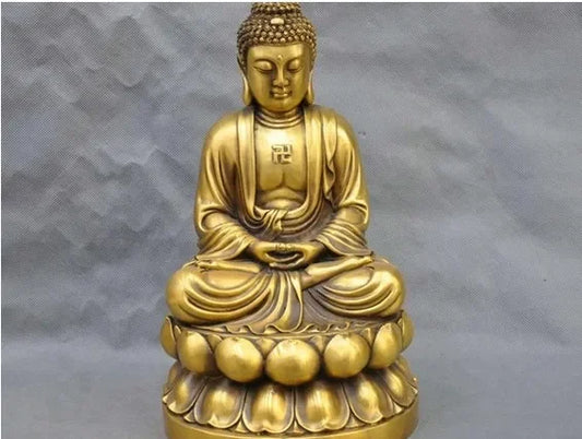 12" China Tibetan Buddhism Bronze Lotus Shakyamuni Buddha Brass Statue