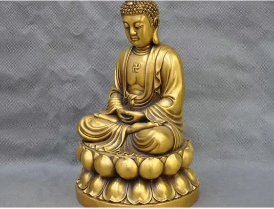 12" China Tibetan Buddhism Bronze Lotus Shakyamuni Buddha Brass Statue
