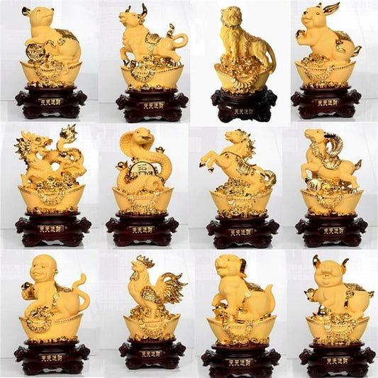 12 Chinese Zodiac Animals Figurines Resin Golden Feng Shui Chinese Zodiac Statue Ornaments Living Room Home Decor Accessories
