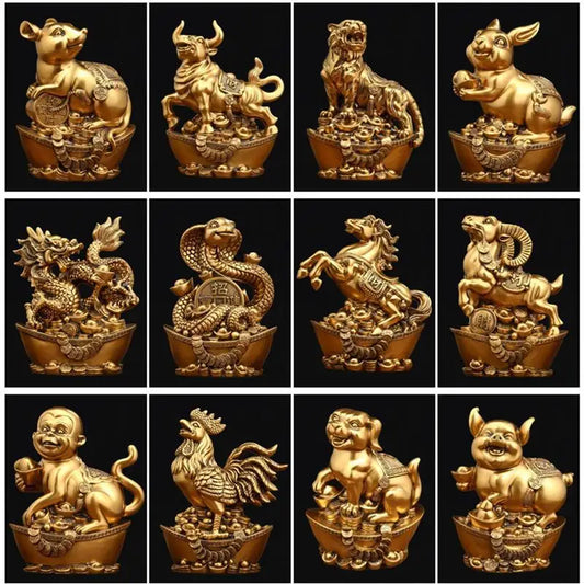 12 Chinese Zodiac Figurines Animal Statue Resin Craft Sculpture Living Room Home Decor Office Desk Decoration Gift Box Packaging