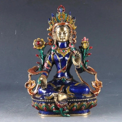 12 "Cina Tibet Perunggu Cloisonne Pekerjaan Tangan Ukiran Bodhisattva Tara Buddha Patung Logam Kerajinan Dekorasi Rumah