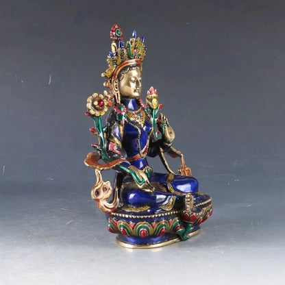 12 "Cina Tibet Perunggu Cloisonne Pekerjaan Tangan Ukiran Bodhisattva Tara Buddha Patung Logam Kerajinan Dekorasi Rumah