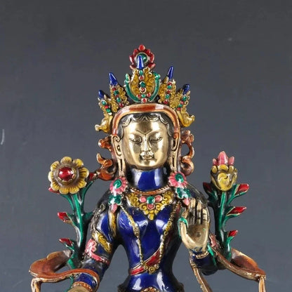 12 "Cina Tibet Perunggu Cloisonne Pekerjaan Tangan Ukiran Bodhisattva Tara Buddha Patung Logam Kerajinan Dekorasi Rumah