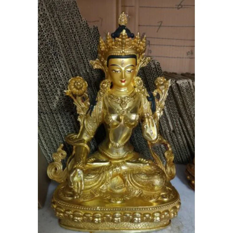 12" Genuine Handmade Tibetan old celebr bronze statue Tara Bodhisattva Buddha.