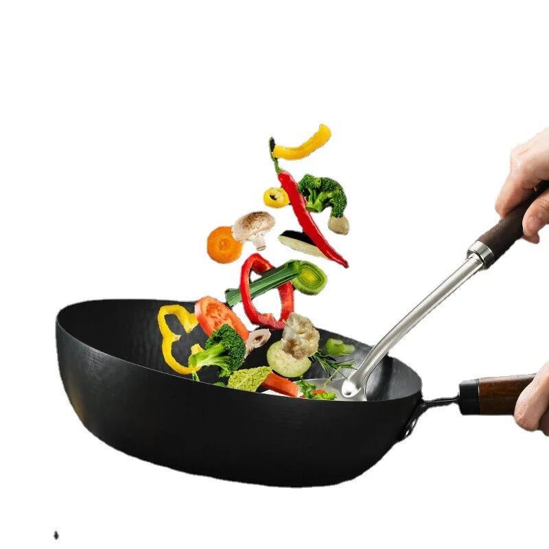 12-Inch Cast Iron Flat Bottom Skillet for Gas Stove, No Coating Wok and Fry Pan