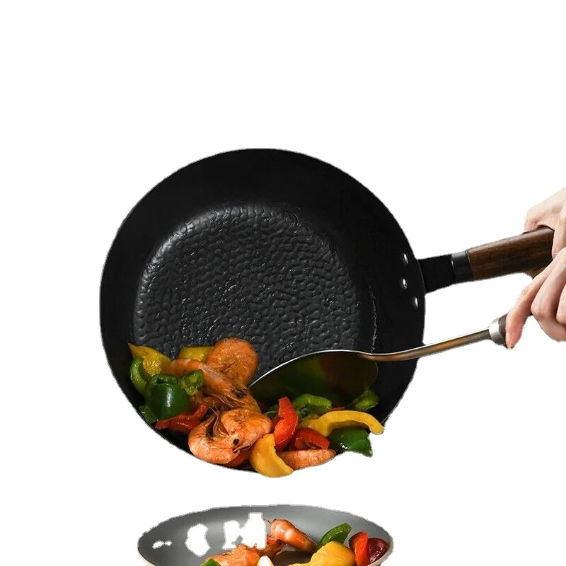 12-Inch Cast Iron Flat Bottom Skillet for Gas Stove, No Coating Wok and Fry Pan