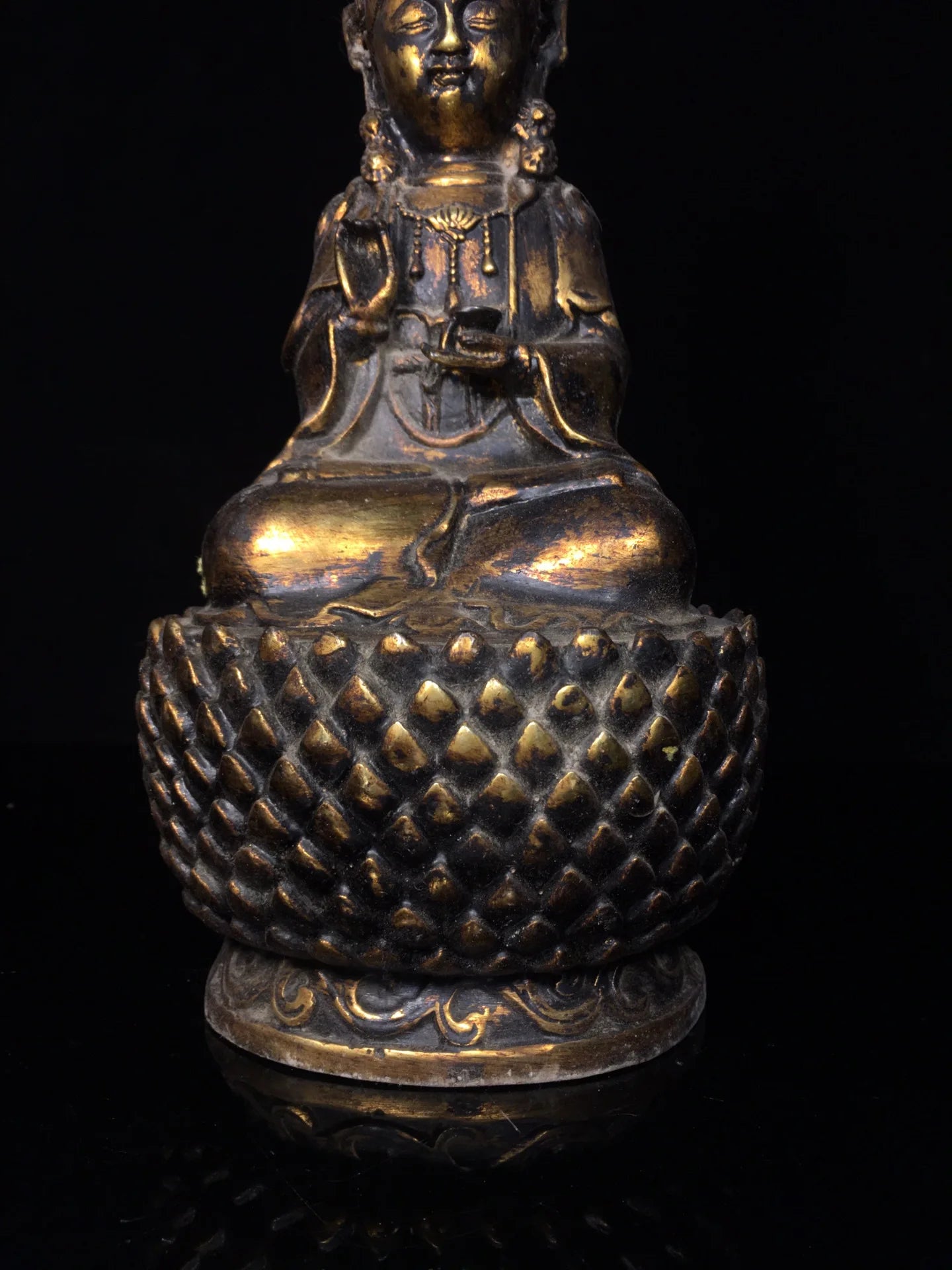 12"Tibet Temple Collection Old Bronze Cinnabar Mud gold Northern Wei Buddha Guanyin BodhisattvaLotus Platform Worship Hall