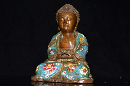 12"Tibet Temple Collection Old Bronze Cloisonne Enamel Baby buddha Sakyamuni Sitting Buddha Ornaments Town House Exorcism