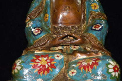 12"Tibet Temple Collection Old Bronze Cloisonne Enamel Baby buddha Sakyamuni Sitting Buddha Ornaments Town House Exorcism