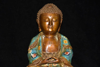 12"Tibet Temple Collection Old Bronze Cloisonne Enamel Baby buddha Sakyamuni Sitting Buddha Ornaments Town House Exorcism