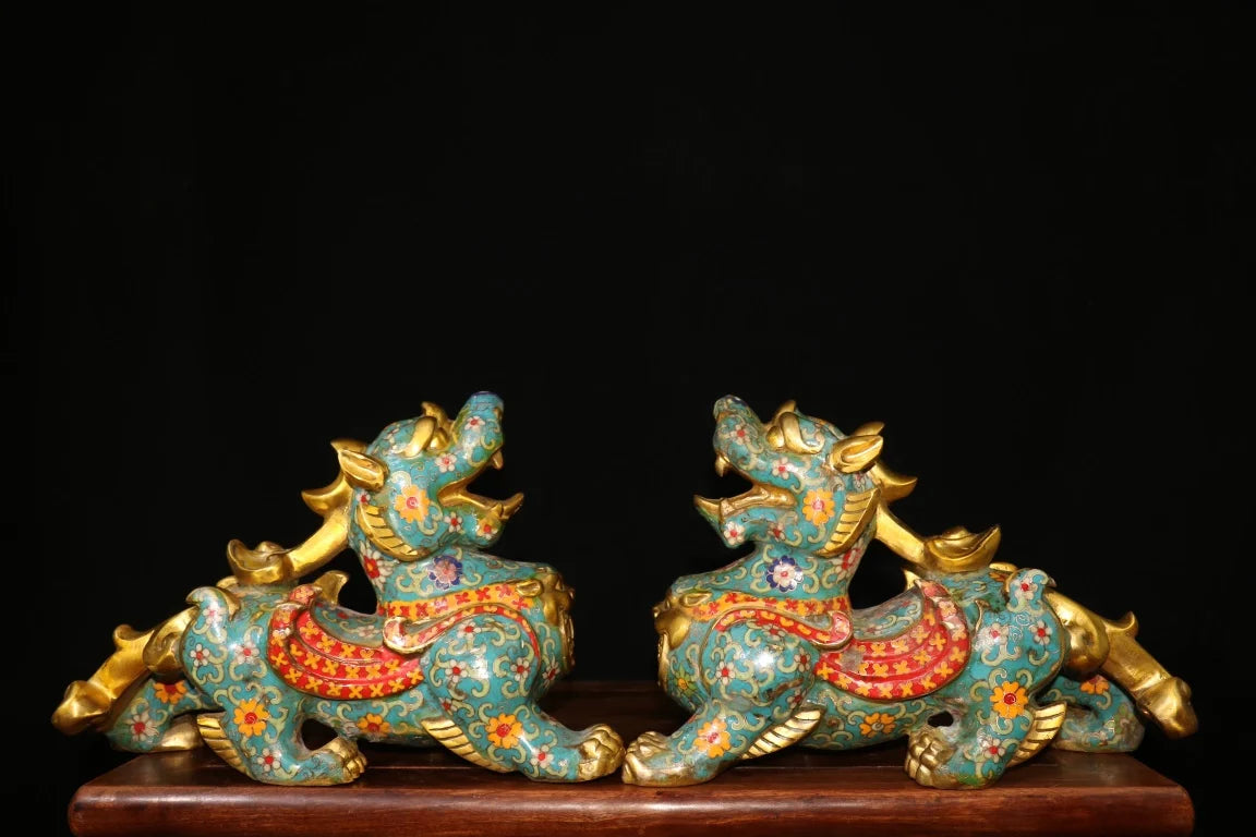 12"Tibet Temple Collection Old Bronze Cloisonne Enamel Flower Texture Brave Troops Unicorn A pair Amass wealth Town house