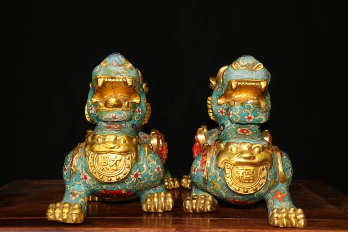 12"Tibet Temple Collection Old Bronze Cloisonne Enamel Flower Texture Brave Troops Unicorn A pair Amass wealth Town house