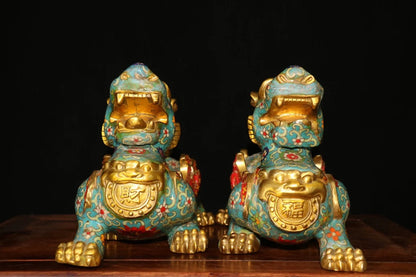 12"Tibet Temple Collection Old Bronze Cloisonne Enamel Flower Texture Brave Troops Unicorn A pair Amass wealth Town house